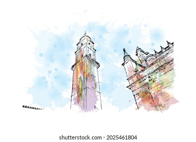 Building view with landmark of Jerez de la Frontera is the 
city in Spain. Watercolor splash with hand drawn sketch illustration in vector.