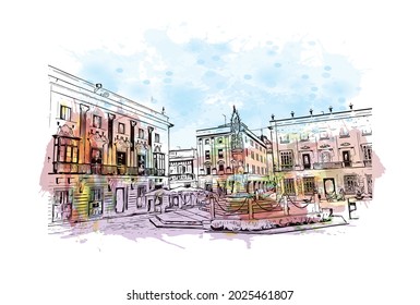 Building view with landmark of Jerez de la Frontera is the 
city in Spain. Watercolor splash with hand drawn sketch illustration in vector.