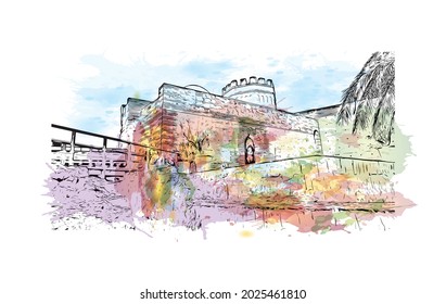 Building view with landmark of Jerez de la Frontera is the 
city in Spain. Watercolor splash with hand drawn sketch illustration in vector.