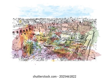 Building view with landmark of Jerez de la Frontera is the 
city in Spain. Watercolor splash with hand drawn sketch illustration in vector.