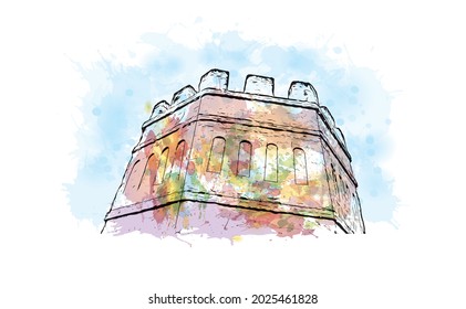 Building view with landmark of Jerez de la Frontera is the 
city in Spain. Watercolor splash with hand drawn sketch illustration in vector.