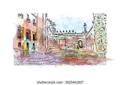 Building view with landmark of Jerez de la Frontera is the 
city in Spain. Watercolor splash with hand drawn sketch illustration in vector.