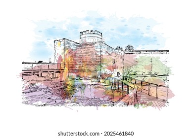 Building view with landmark of Jerez de la Frontera is the 
city in Spain. Watercolor splash with hand drawn sketch illustration in vector.