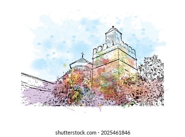 Building view with landmark of Jerez de la Frontera is the 
city in Spain. Watercolor splash with hand drawn sketch illustration in vector.