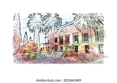 Building view with landmark of Jerez de la Frontera is the 
city in Spain. Watercolor splash with hand drawn sketch illustration in vector.