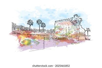 Building view with landmark of Jerez de la Frontera is the 
city in Spain. Watercolor splash with hand drawn sketch illustration in vector.