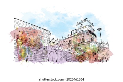 Building view with landmark of Jerez de la Frontera is the 
city in Spain. Watercolor splash with hand drawn sketch illustration in vector.