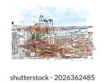 Building view with landmark of Jersey is the 
city in New Jersey. Watercolor splash with hand drawn sketch illustration in vector.