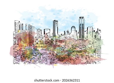 Building view with landmark of Jersey is the 
city in New Jersey. Watercolor splash with hand drawn sketch illustration in vector.