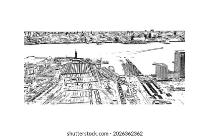 Building view with landmark of Jersey is the 
city in New Jersey. Hand drawn sketch illustration in vector.