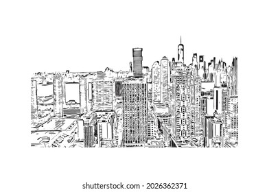 Building view with landmark of Jersey is the 
city in New Jersey. Hand drawn sketch illustration in vector.