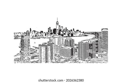 Building view with landmark of Jersey is the 
city in New Jersey. Hand drawn sketch illustration in vector.