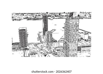 Building view with landmark of Jersey is the 
city in New Jersey. Hand drawn sketch illustration in vector.