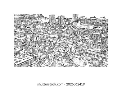 Building view with landmark of Jersey is the 
city in New Jersey. Hand drawn sketch illustration in vector.