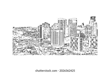Las vistas al edificio con un punto de referencia de Jersey son 
ciudad de Nueva Jersey. Dibujo a mano de ilustración de esbozo en vector.