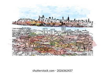 Building view with landmark of Jersey is the 
city in New Jersey. Watercolor splash with hand drawn sketch illustration in vector.