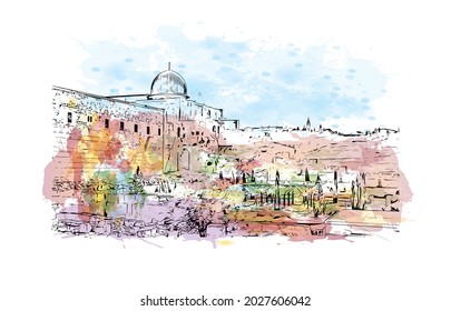 Building view with landmark of Jerusalem is the 
capital of Israel. Watercolor splash with hand drawn sketch illustration in vector.