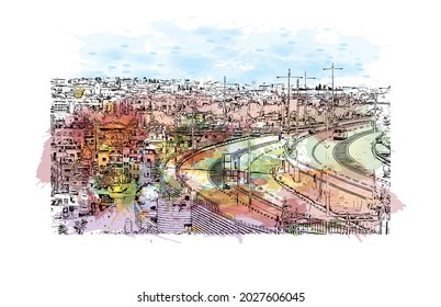 Building view with landmark of Jerusalem is the 
capital of Israel. Watercolor splash with hand drawn sketch illustration in vector.