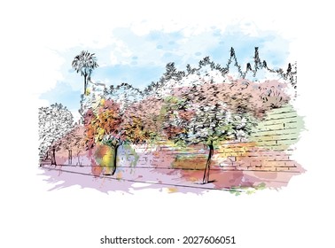 Building view with landmark of Jerusalem is the 
capital of Israel. Watercolor splash with hand drawn sketch illustration in vector.