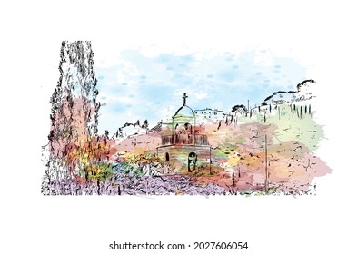 Building view with landmark of Jerusalem is the 
capital of Israel. Watercolor splash with hand drawn sketch illustration in vector.