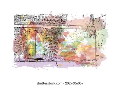 Building view with landmark of Jerusalem is the 
capital of Israel. Watercolor splash with hand drawn sketch illustration in vector.