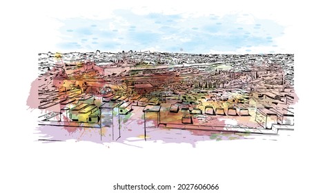 La construcción de vistas con el punto de referencia de Jerusalén es el 
capital de Israel. Salto de color de agua con ilustración de esbozo dibujada a mano en vector.
