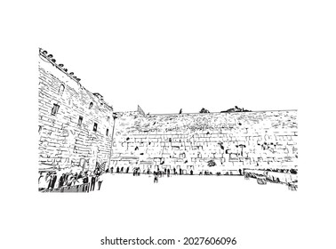 Building view with landmark of Jerusalem is the 
capital of Israel. Hand drawn sketch illustration in vector.