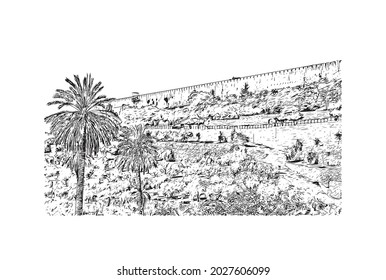 La construcción de vistas con el punto de referencia de Jerusalén es el 
capital de Israel. Dibujo a mano de ilustración de esbozo en vector.