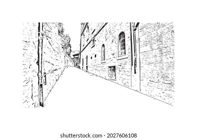 La construcción de vistas con el punto de referencia de Jerusalén es el 
capital de Israel. Dibujo a mano de ilustración de esbozo en vector.