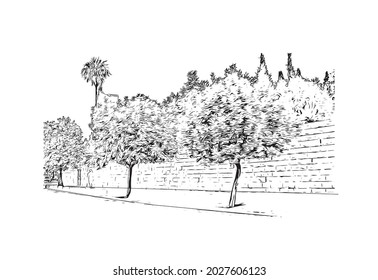 Building view with landmark of Jerusalem is the 
capital of Israel. Hand drawn sketch illustration in vector.