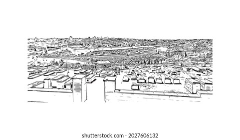 Building view with landmark of Jerusalem is the 
capital of Israel. Hand drawn sketch illustration in vector.