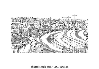 Building view with landmark of Jerusalem is the 
capital of Israel. Hand drawn sketch illustration in vector.