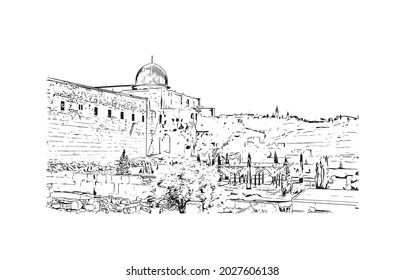 Building view with landmark of Jerusalem is the 
capital of Israel. Hand drawn sketch illustration in vector.