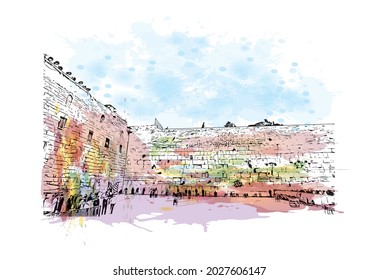 Building view with landmark of Jerusalem is the 
capital of Israel. Watercolor splash with hand drawn sketch illustration in vector.