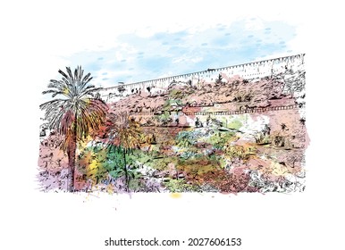 Building view with landmark of Jerusalem is the 
capital of Israel. Watercolor splash with hand drawn sketch illustration in vector.