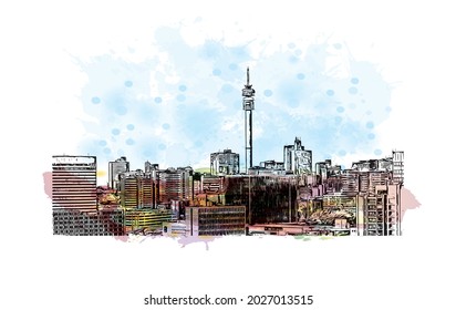 Building view with landmark of Johannesburg is the 
city in South Africa. Watercolor splash with hand drawn sketch illustration in vector.