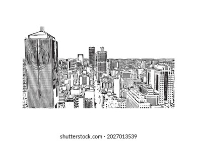 Building view with landmark of Johannesburg is the 
city in South Africa. Hand drawn sketch illustration in vector.