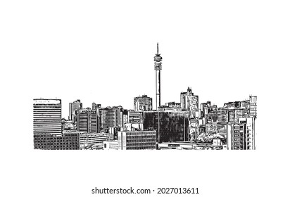 Building view with landmark of Johannesburg is the 
city in South Africa. Hand drawn sketch illustration in vector.