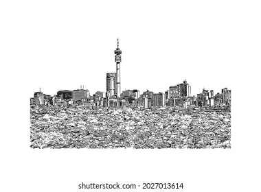 Building view with landmark of Johannesburg is the 
city in South Africa. Hand drawn sketch illustration in vector.