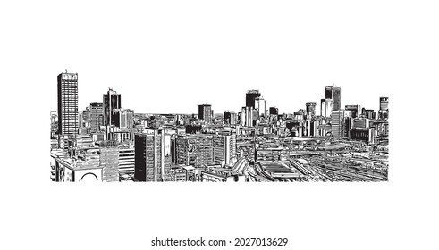 Building view with landmark of Johannesburg is the 
city in South Africa. Hand drawn sketch illustration in vector.