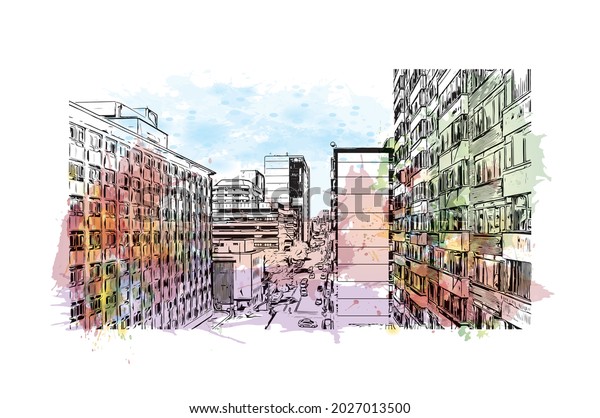 Building view with landmark of Johannesburg is
the 
city in South Africa. Watercolor splash with hand drawn
sketch illustration in
vector.