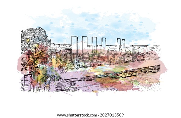 Building view with landmark of Johannesburg is\
the \
city in South Africa. Watercolor splash with hand drawn\
sketch illustration in\
vector.