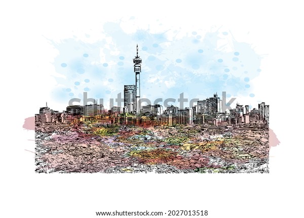 Building view with landmark of Johannesburg is\
the \
city in South Africa. Watercolor splash with hand drawn\
sketch illustration in\
vector.