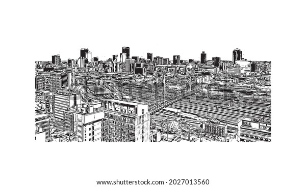 Building view\
with landmark of Johannesburg is the \
city in South Africa. Hand\
drawn sketch illustration in\
vector.