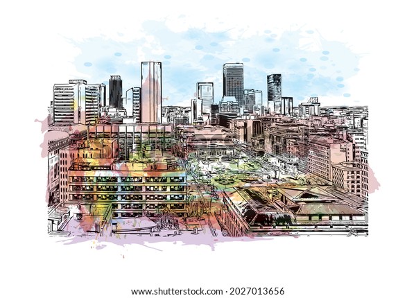 Building view with landmark of Johannesburg is
the 
city in South Africa. Watercolor splash with hand drawn
sketch illustration in
vector.