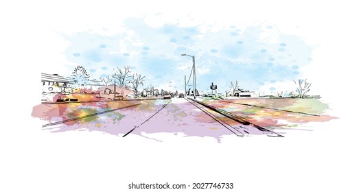 Las vistas al edificio con un punto de referencia de la ciudad de Johnson se encuentran en el este de Tennessee. Salto de color de agua con ilustración de esbozo dibujada a mano en vector.