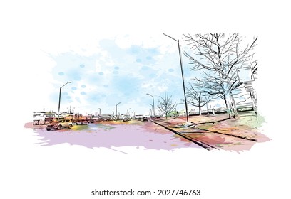 Building view with landmark of Johnson City is in east Tennessee. Watercolor splash with hand drawn sketch illustration in vector.
