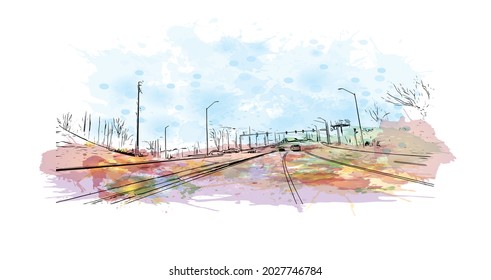 Building view with landmark of Johnson City is in east Tennessee. Watercolor splash with hand drawn sketch illustration in vector.
