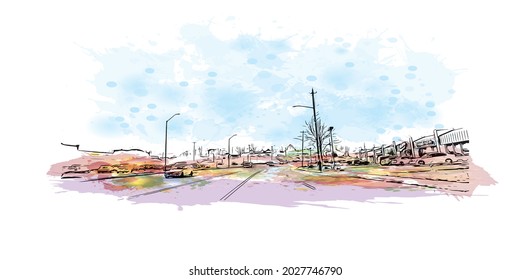 Las vistas al edificio con un punto de referencia de la ciudad de Johnson se encuentran en el este de Tennessee. Salto de color de agua con ilustración de esbozo dibujada a mano en vector.