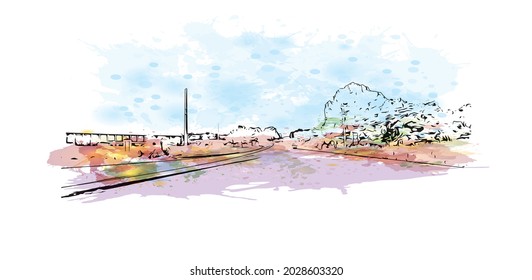 Building view with landmark of Jonesboro is the 
city in Arkansas. Watercolor splash with hand drawn sketch illustration in vector.